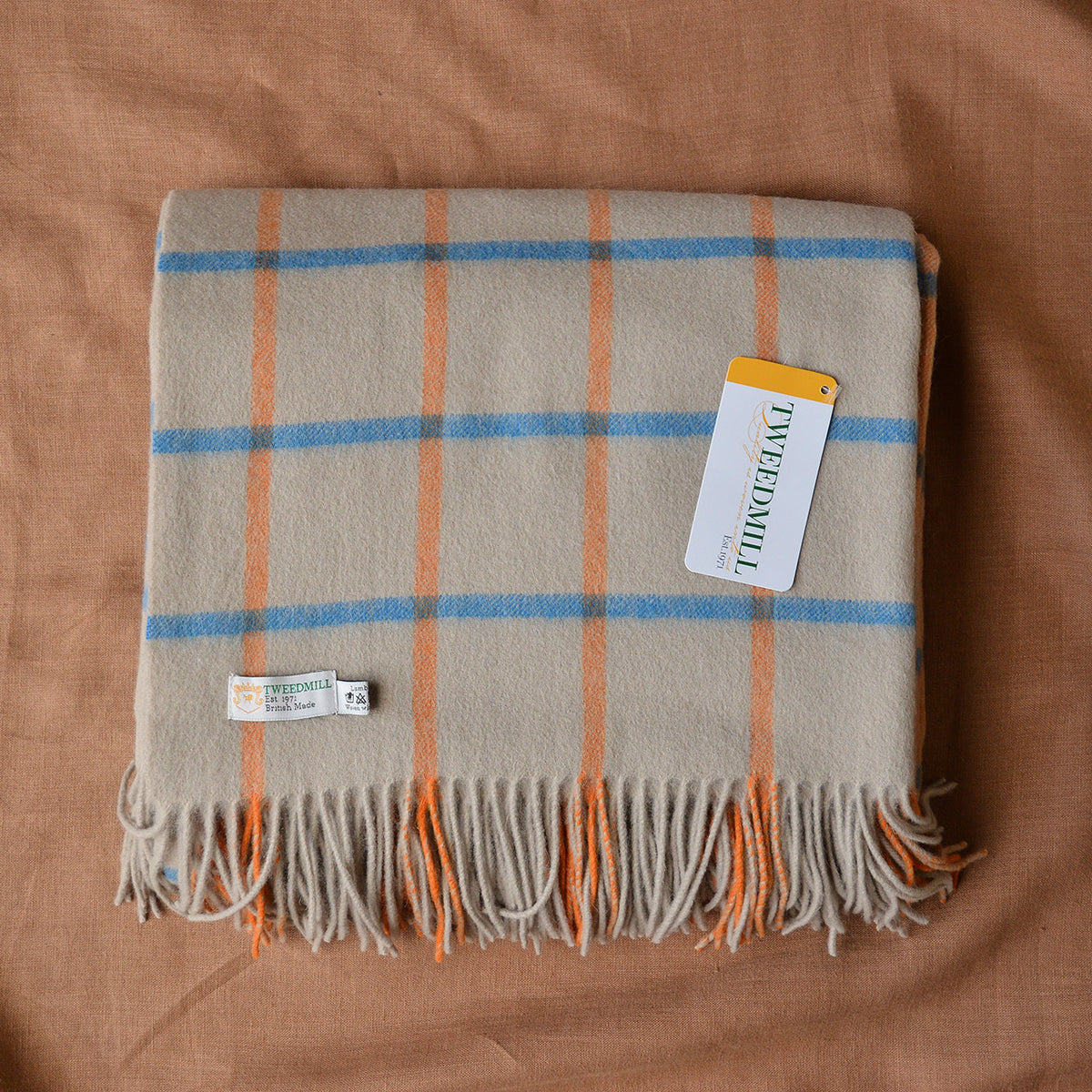 Chequered Throw - 100% Lambswool - Ocean & Orange (140x190cm) *Last One!