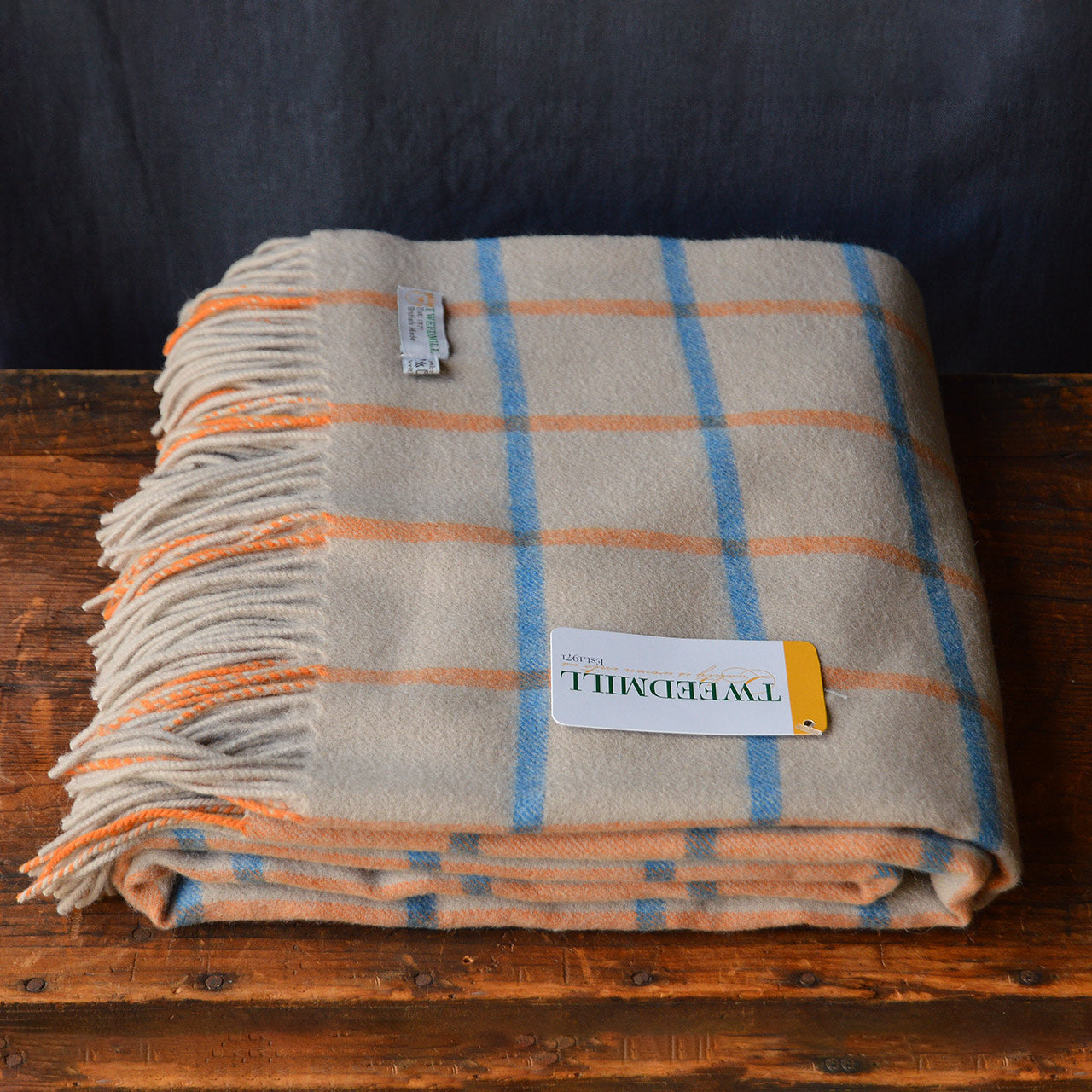 Chequered Check Throw - 100% Lambswool - Ocean & Orange (140x190cm)