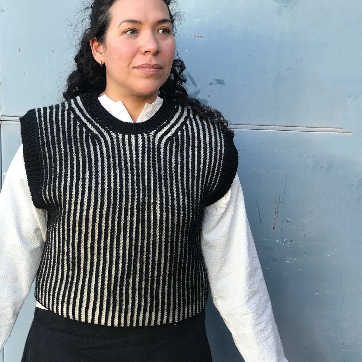 Women's Chunky Brioche Vest - 100% Highland Wool - Black/Ecru (S-L)