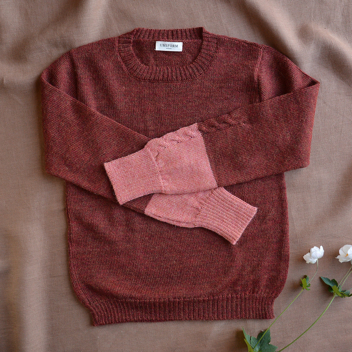 Women's Cable Colour Block Jumper - 100% Baby Alpaca - Rust Melange (S-M)