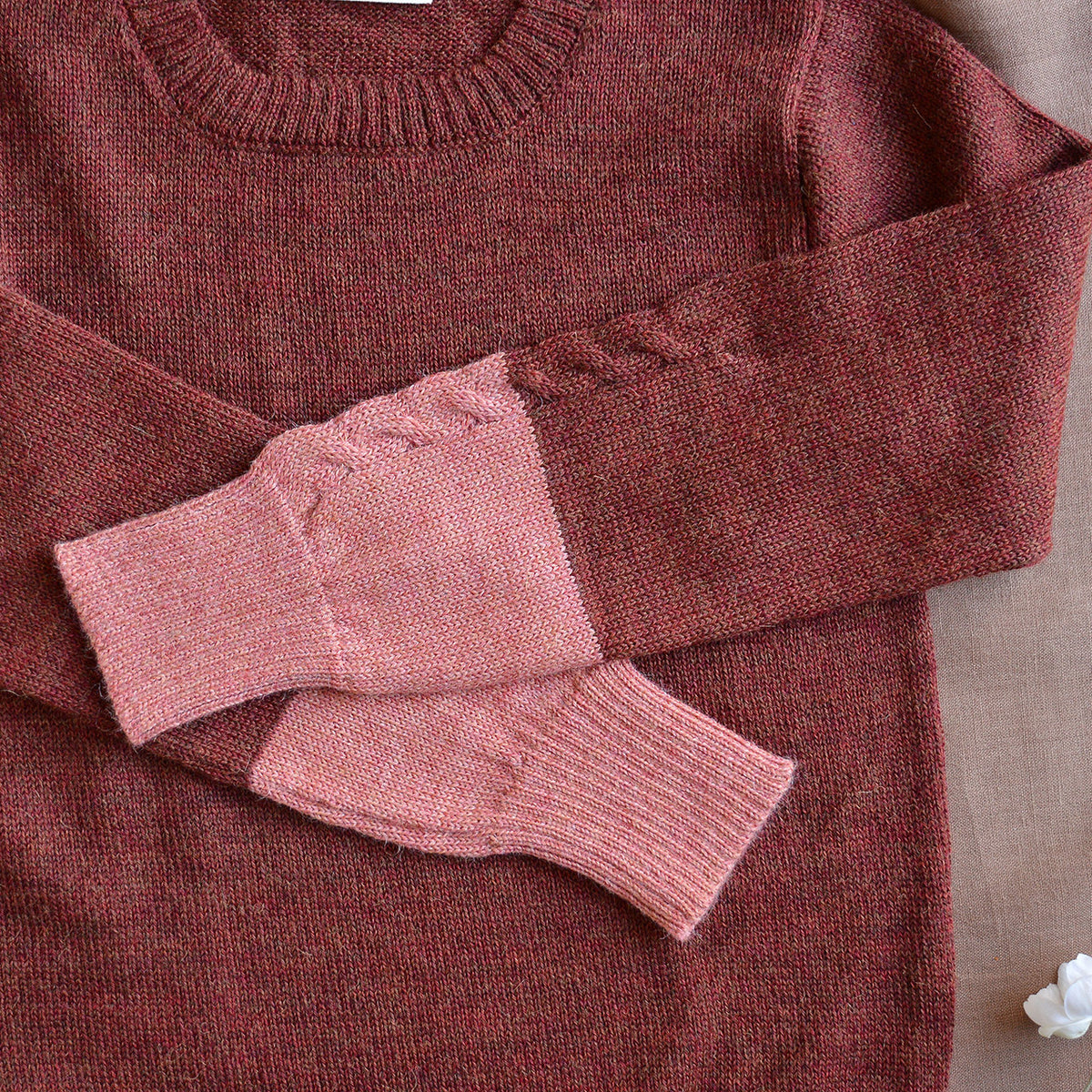 Women's Cable Colour Block Jumper - 100% Baby Alpaca - Rust Melange (S-M)