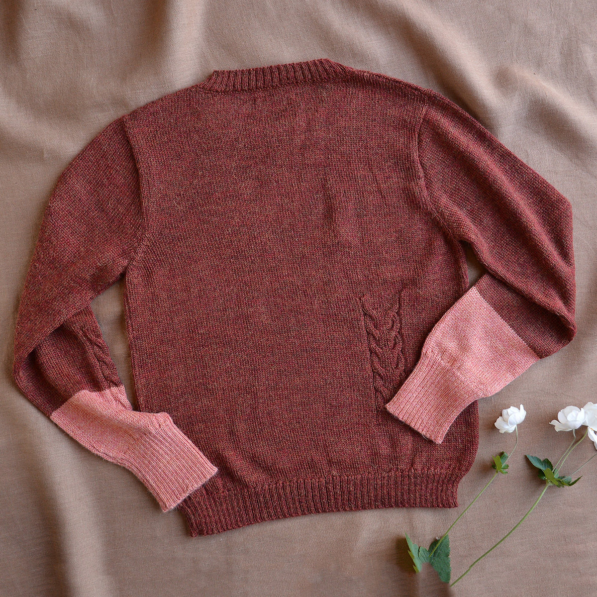 Women's Cable Colour Block Jumper - 100% Baby Alpaca - Rust Melange (S-M)