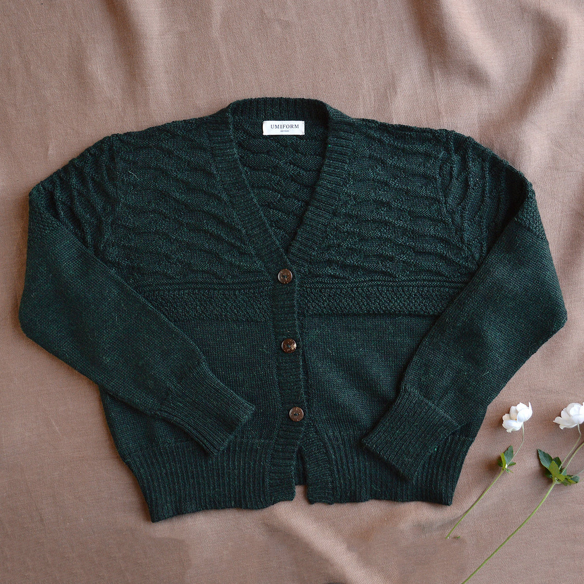 Women's Gansey Cardi - 100% Baby Alpaca - Forest Green Melange (S-L) *Returning 2026