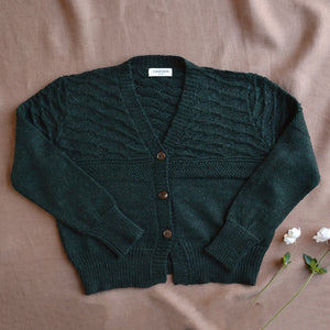 Women's Gansey Cardi - 100% Baby Alpaca - Forest Green Melange (S-L)