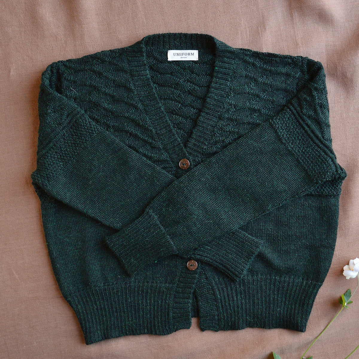 Women's Gansey Cardi - 100% Baby Alpaca - Forest Green Melange (S-L) *Returning 2026