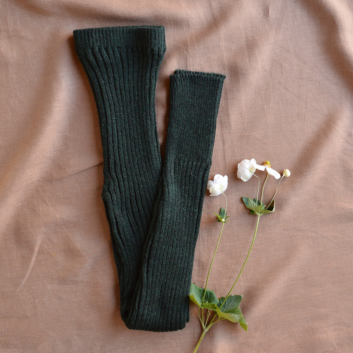 Women's High Waisted Knitted Rib Leggings - 100% Baby Alpaca - Forest Green Melange (S-XL)