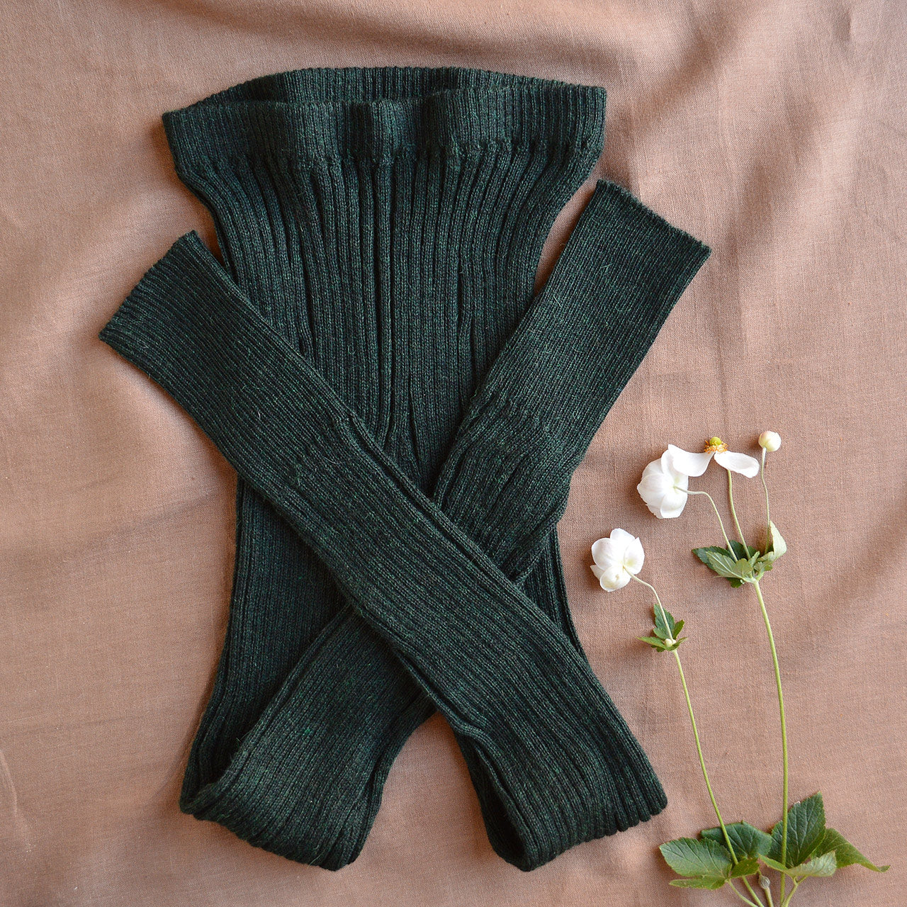 Women's High Waisted Knitted Rib Leggings - 100% Baby Alpaca - Forest Green Melange (S-XL)