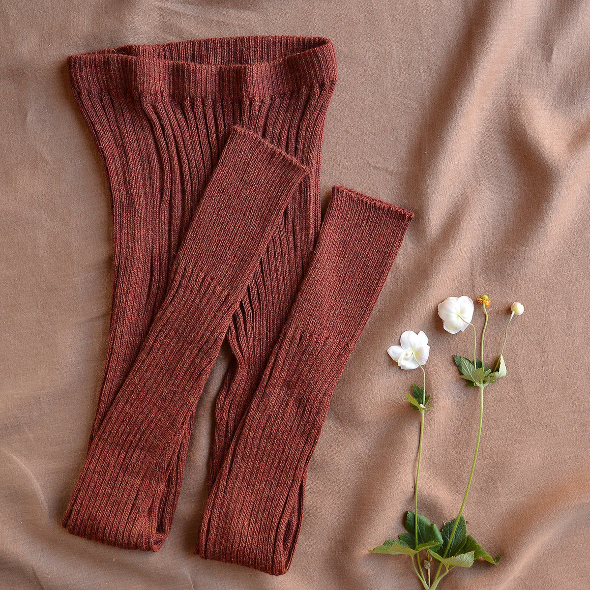 Women's High Waisted Knitted Rib Leggings - 100% Baby Alpaca - Rust Melange (S-XL)