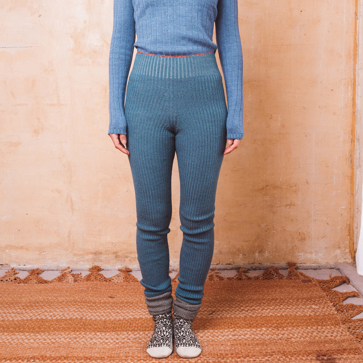 Harry Knitted Rib Leggings - 100% Extra Fine Merino - Ocean Marl