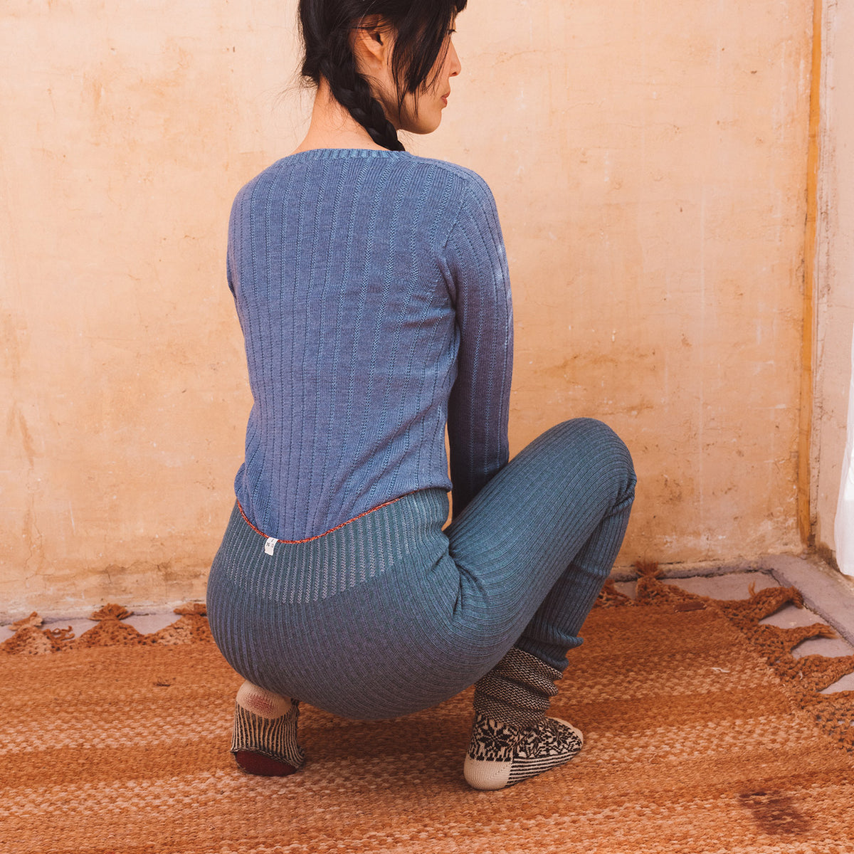 Harry Knitted Rib Leggings - 100% Extra Fine Merino - Ocean Marl