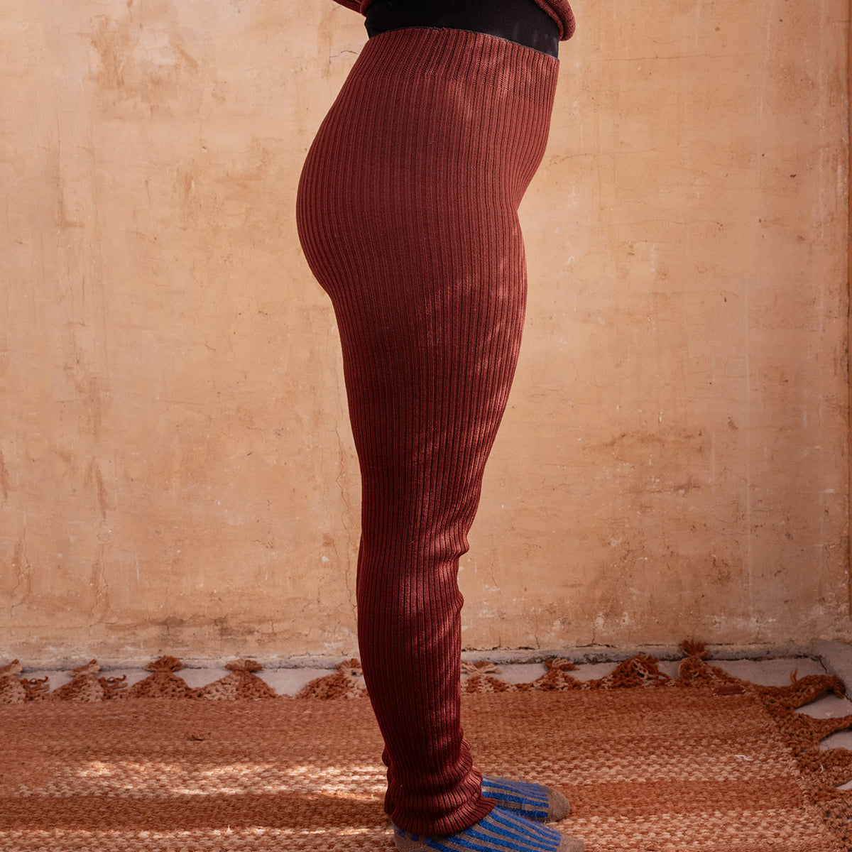Harry Knitted Rib Leggings - 100% Extra Fine Merino - Russet (S-L)