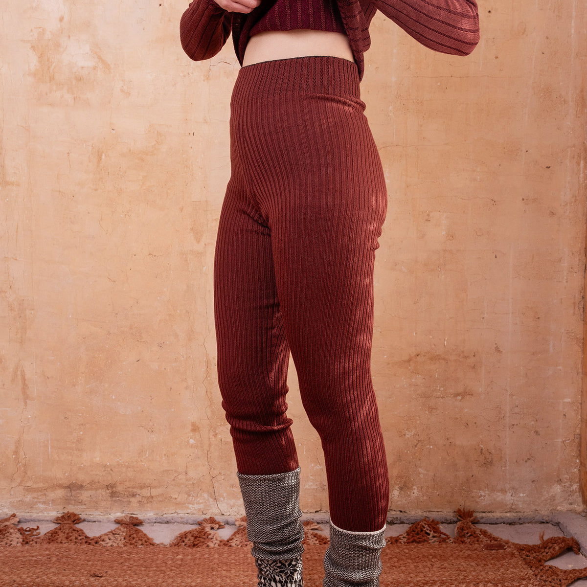 Harry Knitted Rib Leggings - 100% Extra Fine Merino - Russet (S-L)