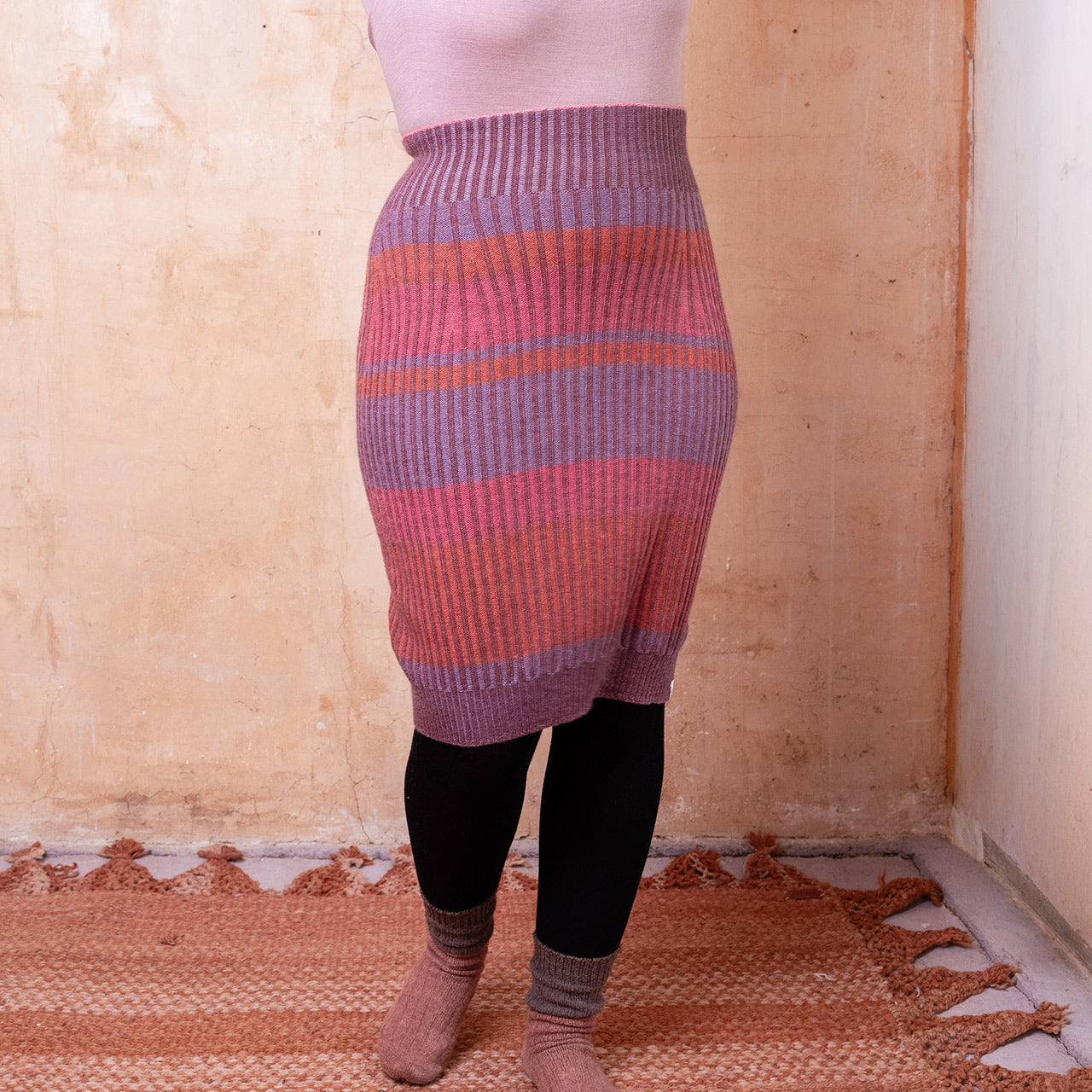 Mia Rib Knit Bellywarmer Skirt - Midi - 100% Plant Dyed Merino - Pink Madder