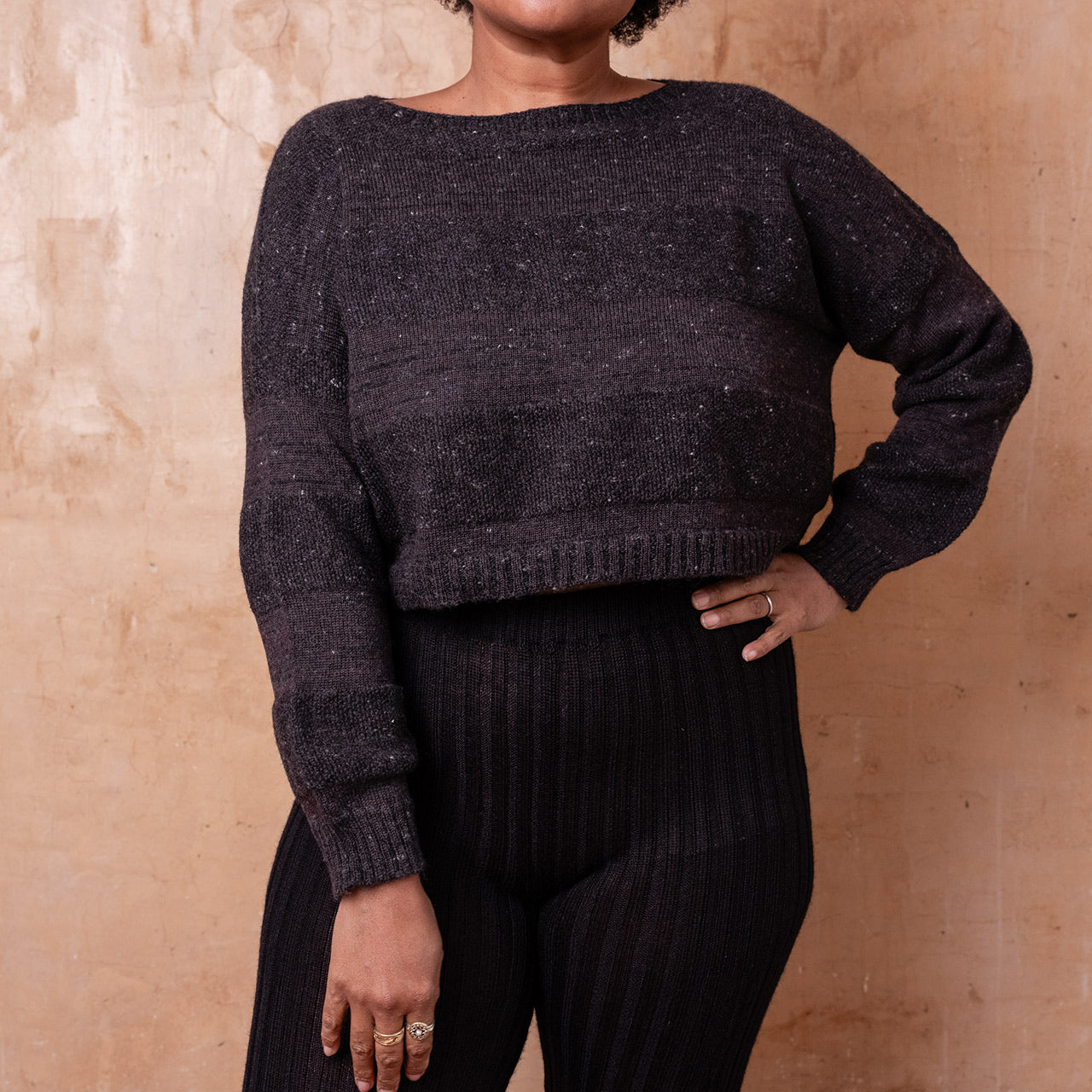 Moss Tweed Crop Jumper - Alpaca/Merino - Basalt *Pre-Order