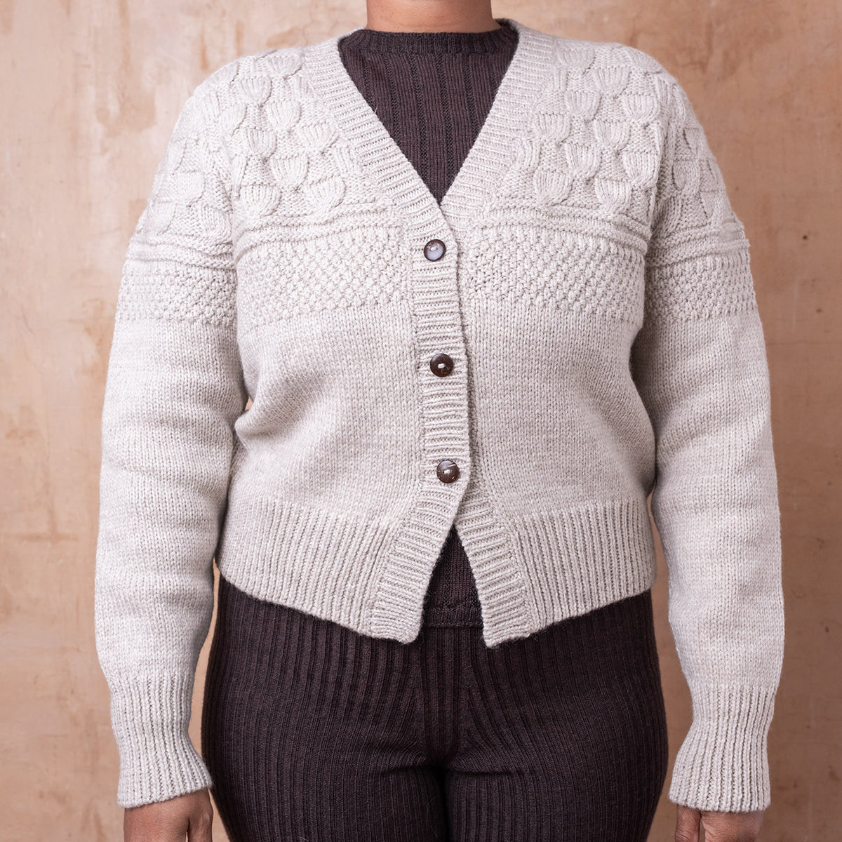 Arwen Gansey Cardi - 100% Chunky Highland Wool - Light Natural Grey