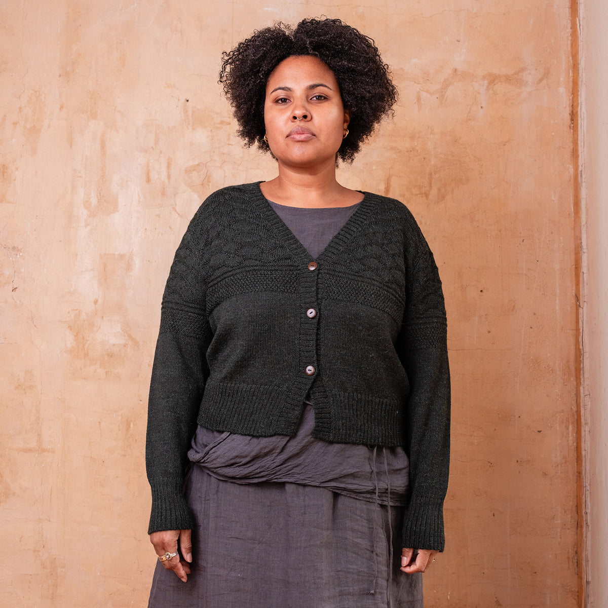 Nami Gansey Cardi - 100% Baby Alpaca - Forest Green Melange (S-L)