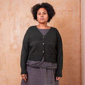 Nami Gansey Cardi - 100% Baby Alpaca - Forest Green Melange (S-L)