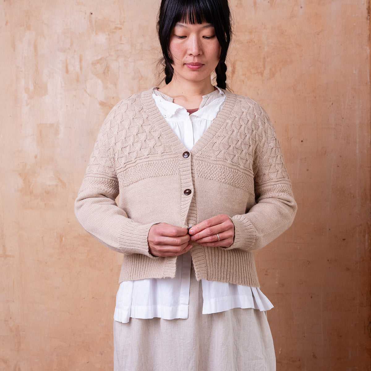 Arwen Gansey Cardi - 100% Baby Alpaca - Porridge (S-L)