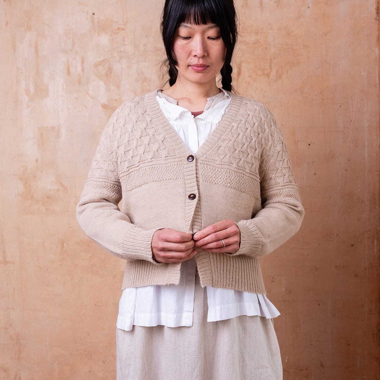 Arwen Gansey Cardi - 100% Baby Alpaca - Porridge (S-L)