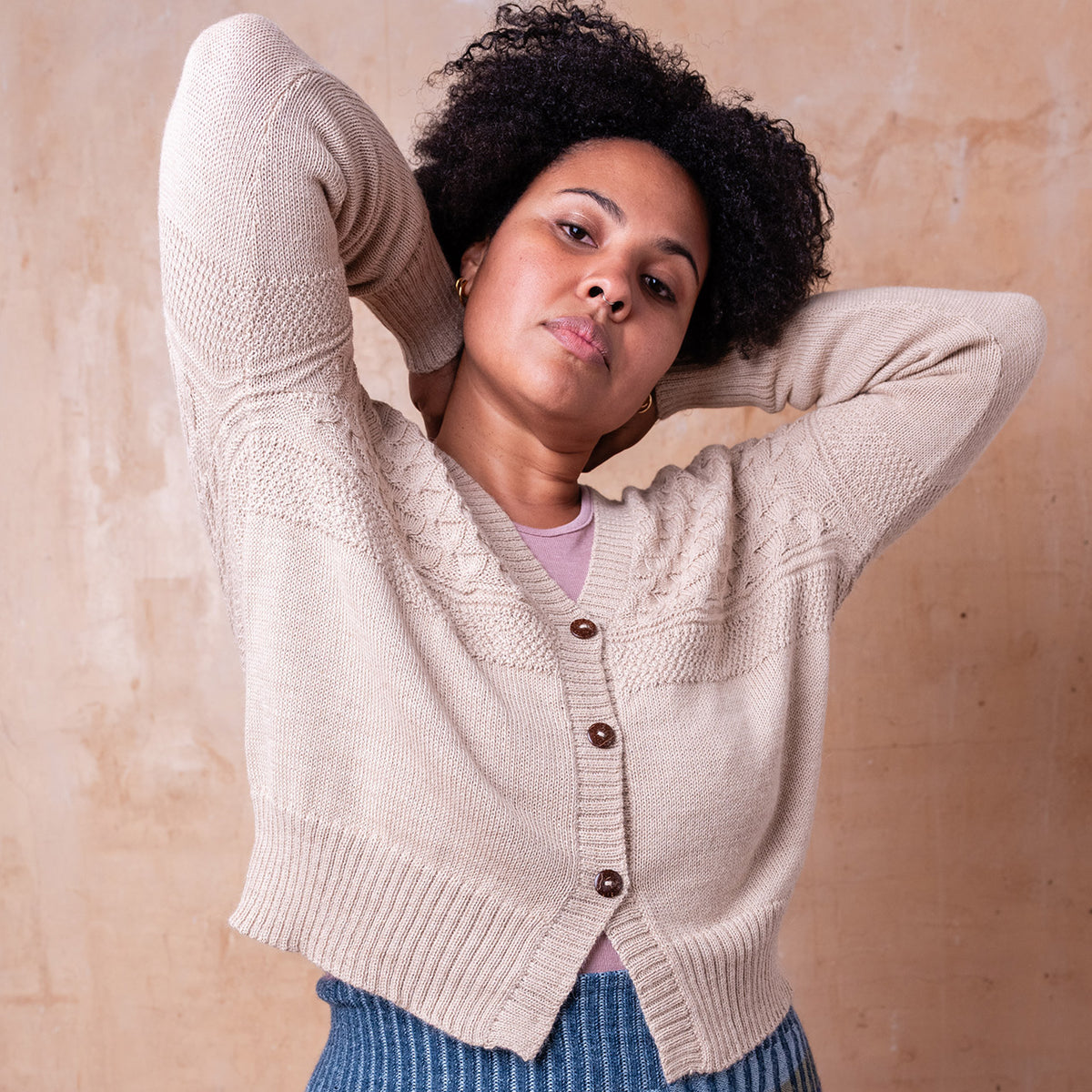 Arwen Gansey Cardi - 100% Baby Alpaca - Porridge (S-L)
