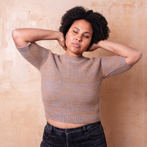 Lise Half Sleeve Sweater - 100% Baby Alpaca - Light Blue/Mustard Melange