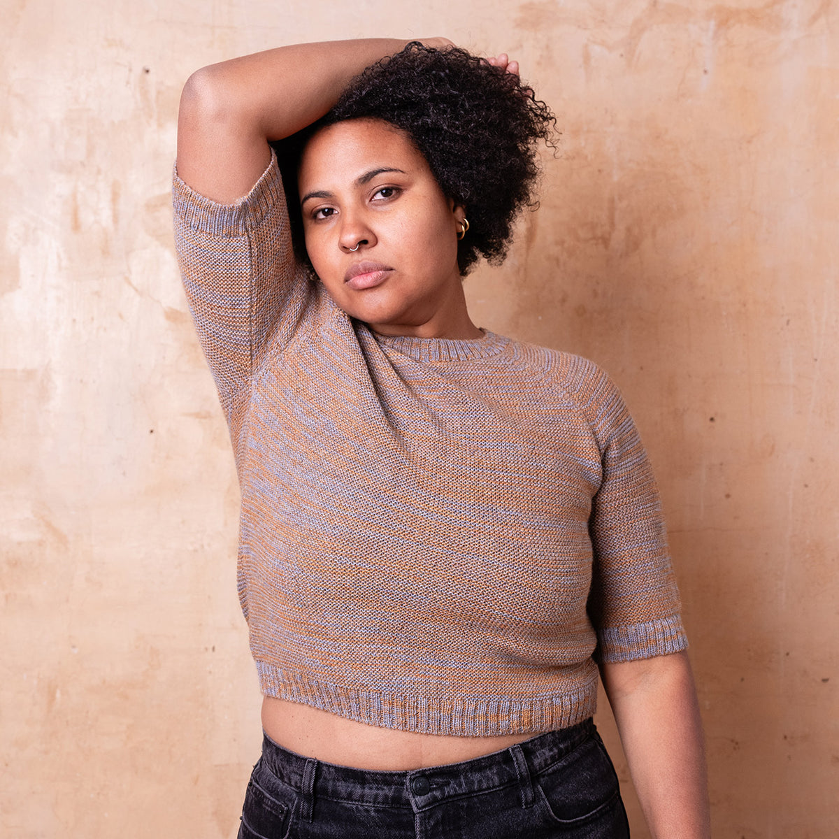 Lise Half Sleeve Sweater - 100% Baby Alpaca - Light Blue/Mustard Melange