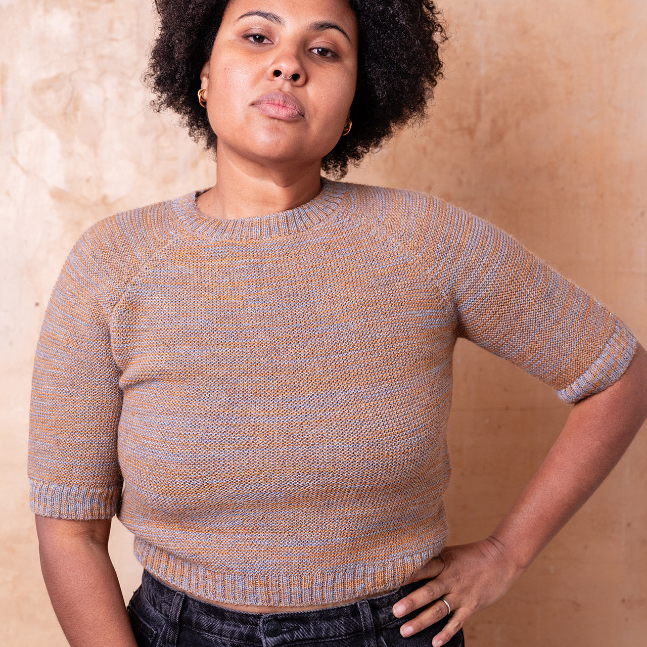 Lise Half Sleeve Sweater - 100% Baby Alpaca - Light Blue/Mustard Melange