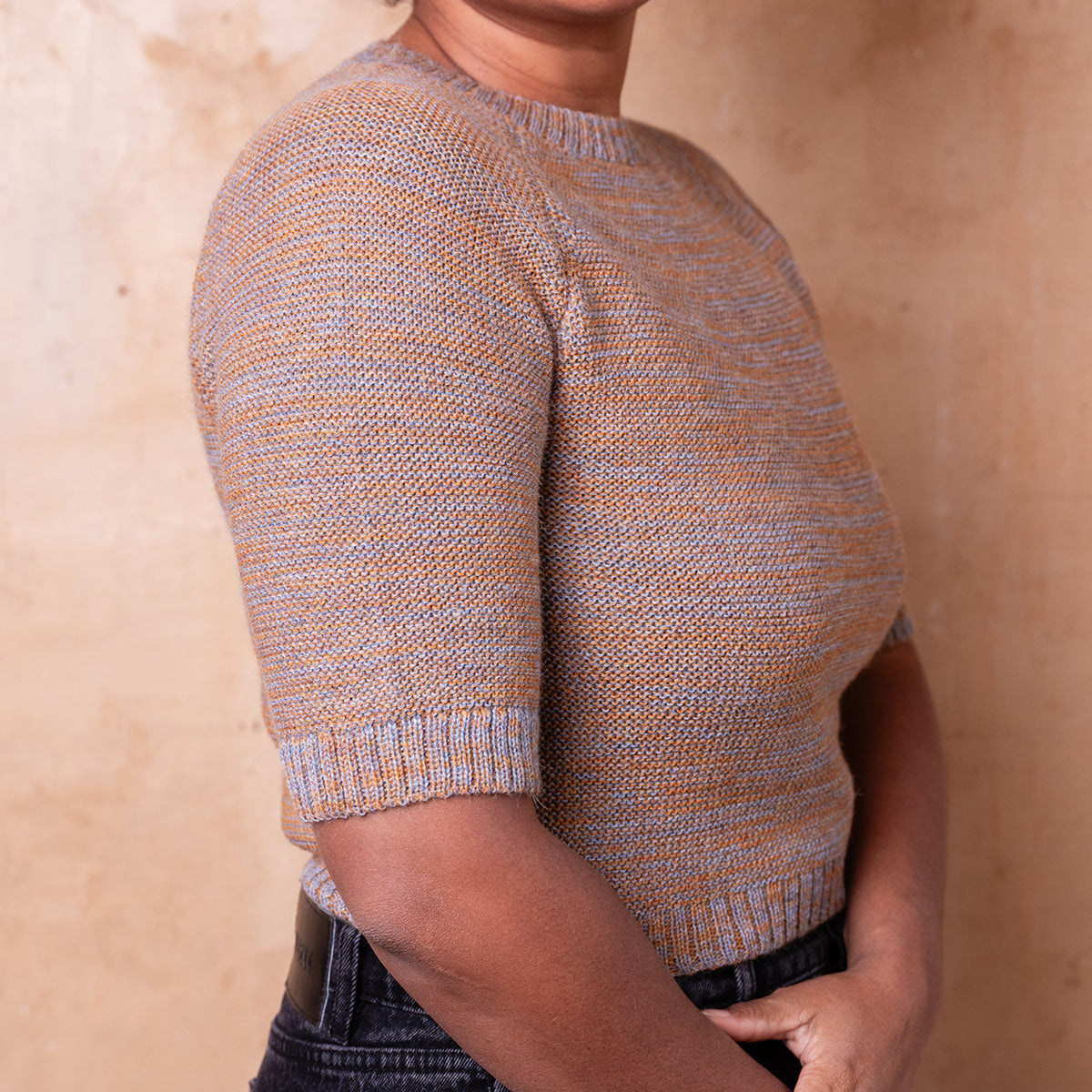 Lise Half Sleeve Sweater - 100% Baby Alpaca - Light Blue/Mustard Melange