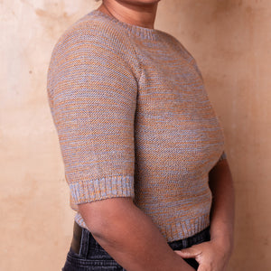 Lise Half Sleeve Sweater - 100% Baby Alpaca - Light Blue/Mustard Melange