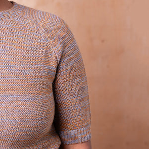 Lise Half Sleeve Sweater - 100% Baby Alpaca - Light Blue/Mustard Melange