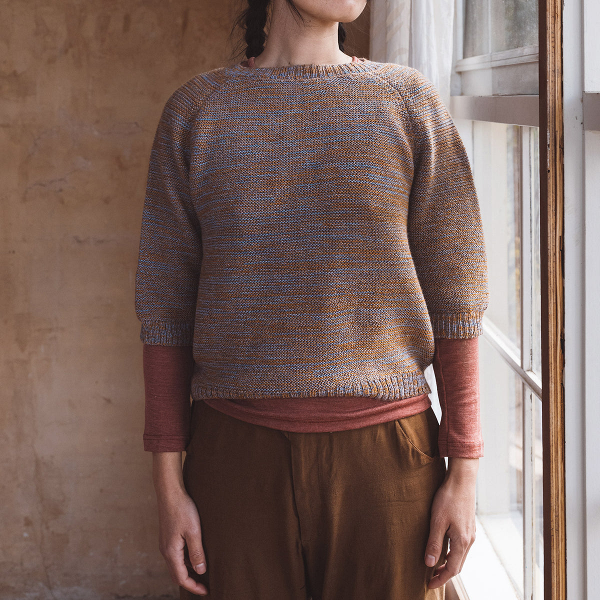 Lise Half Sleeve Sweater - 100% Baby Alpaca - Light Blue/Mustard Melange