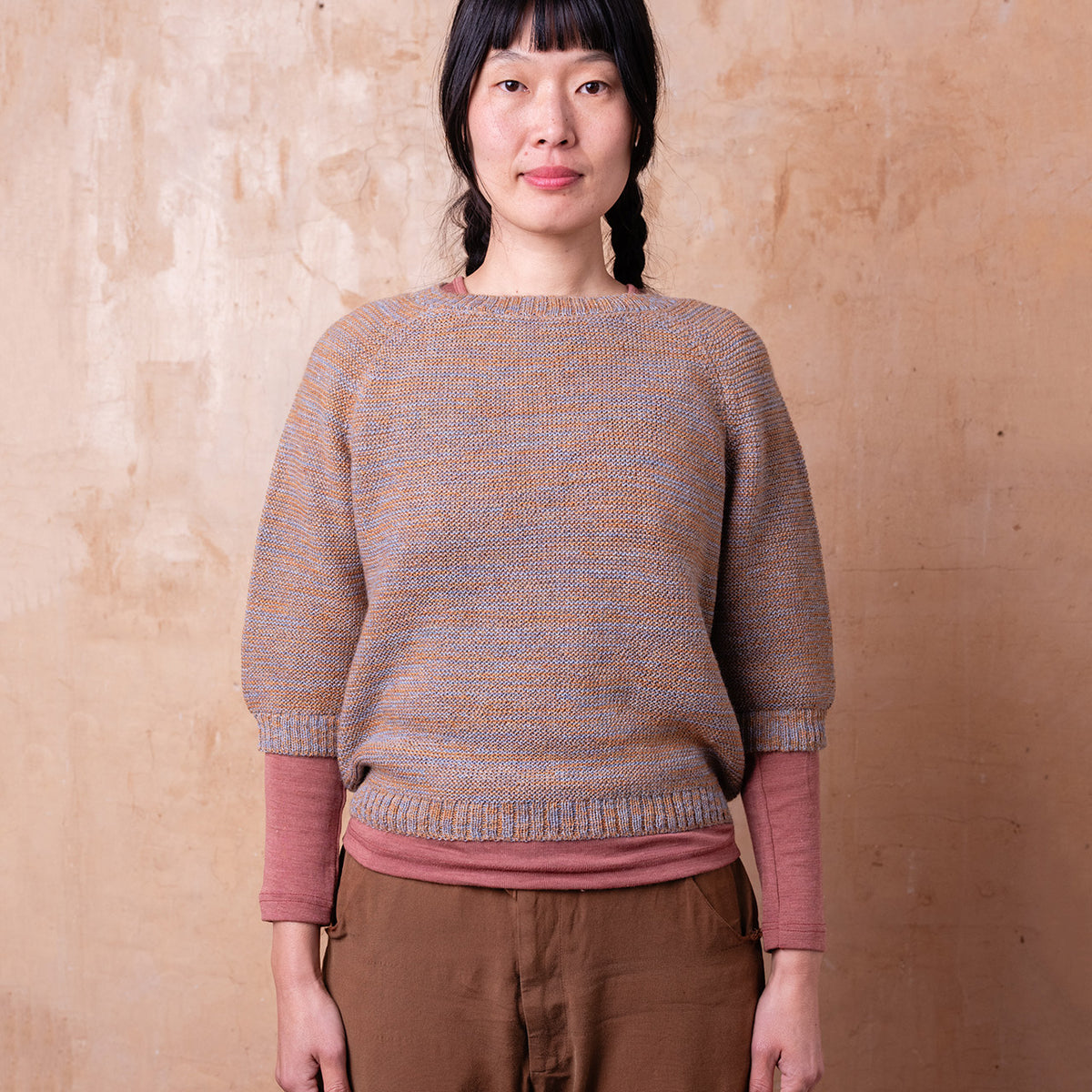 Lise Half Sleeve Sweater - 100% Baby Alpaca - Light Blue/Mustard Melange