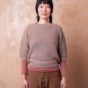 Lise Half Sleeve Sweater - 100% Baby Alpaca - Light Blue/Mustard Melange