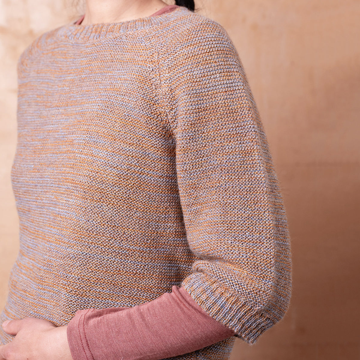 Lise Half Sleeve Sweater - 100% Baby Alpaca - Light Blue/Mustard Melange