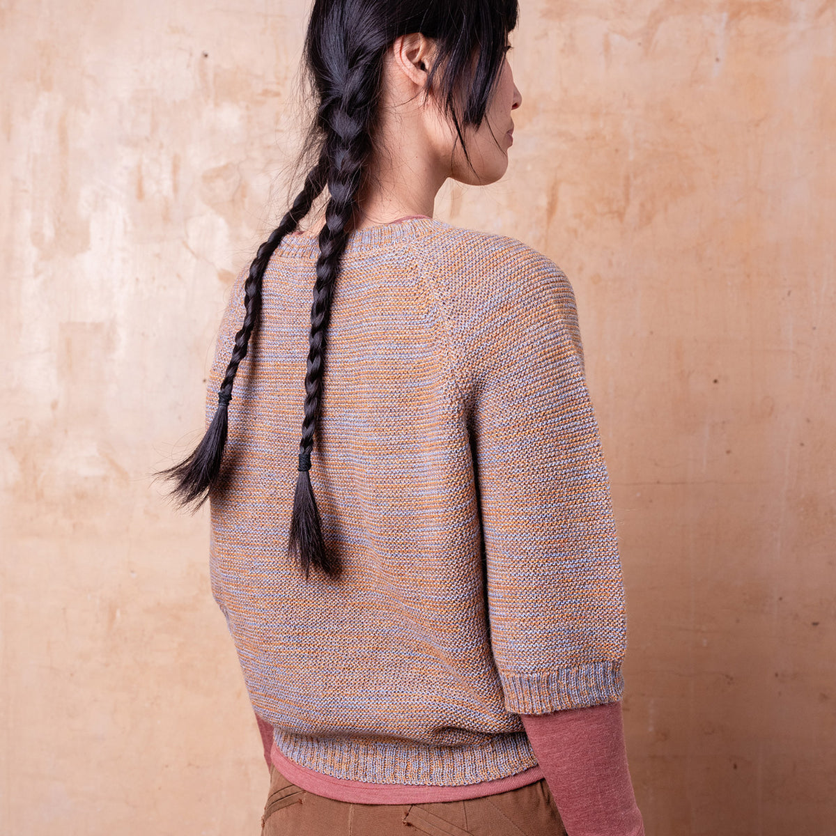 Lise Half Sleeve Sweater - 100% Baby Alpaca - Light Blue/Mustard Melange