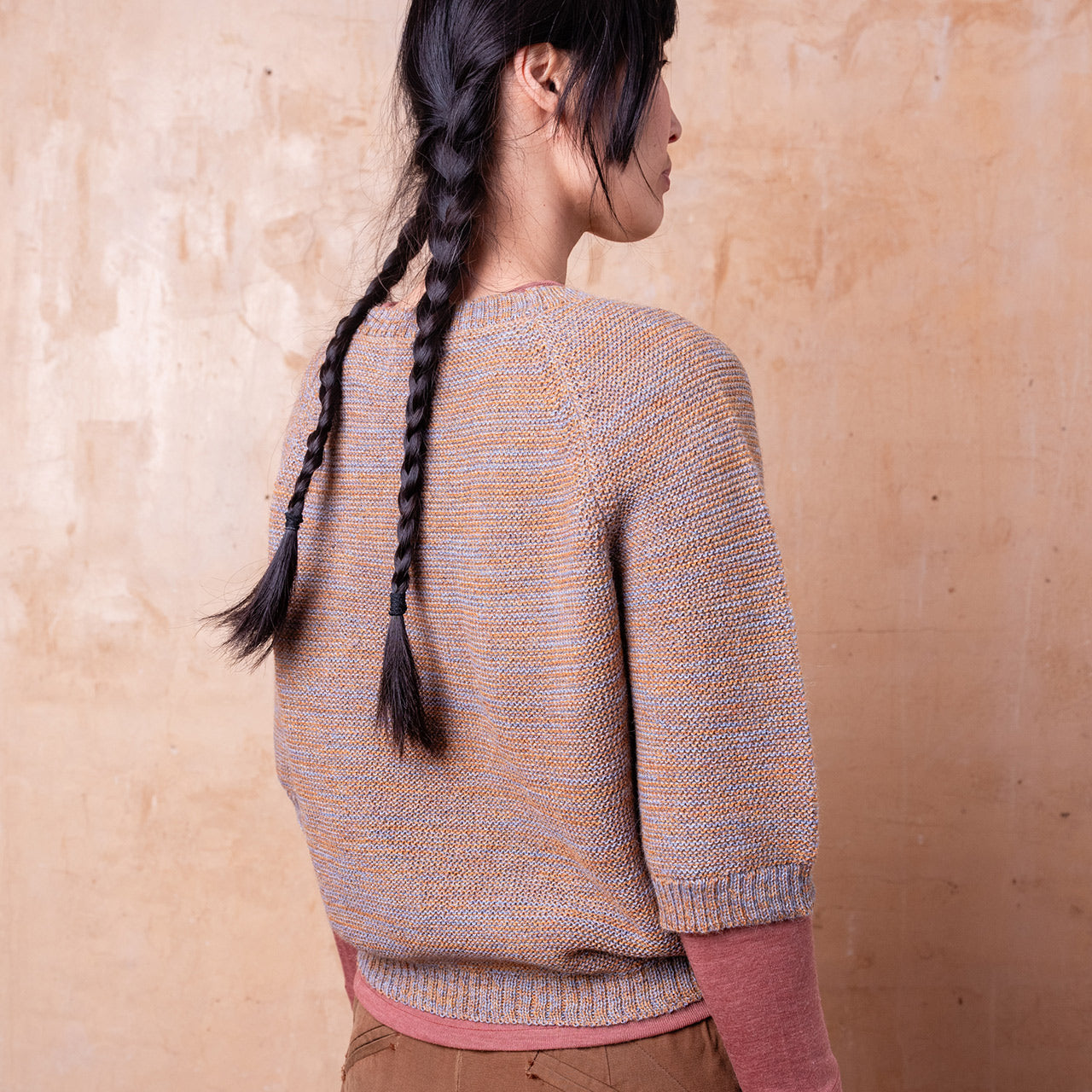 Lise Half Sleeve Sweater - 100% Baby Alpaca - Light Blue/Mustard Melange