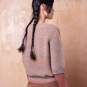 Lise Half Sleeve Sweater - 100% Baby Alpaca - Light Blue/Mustard Melange