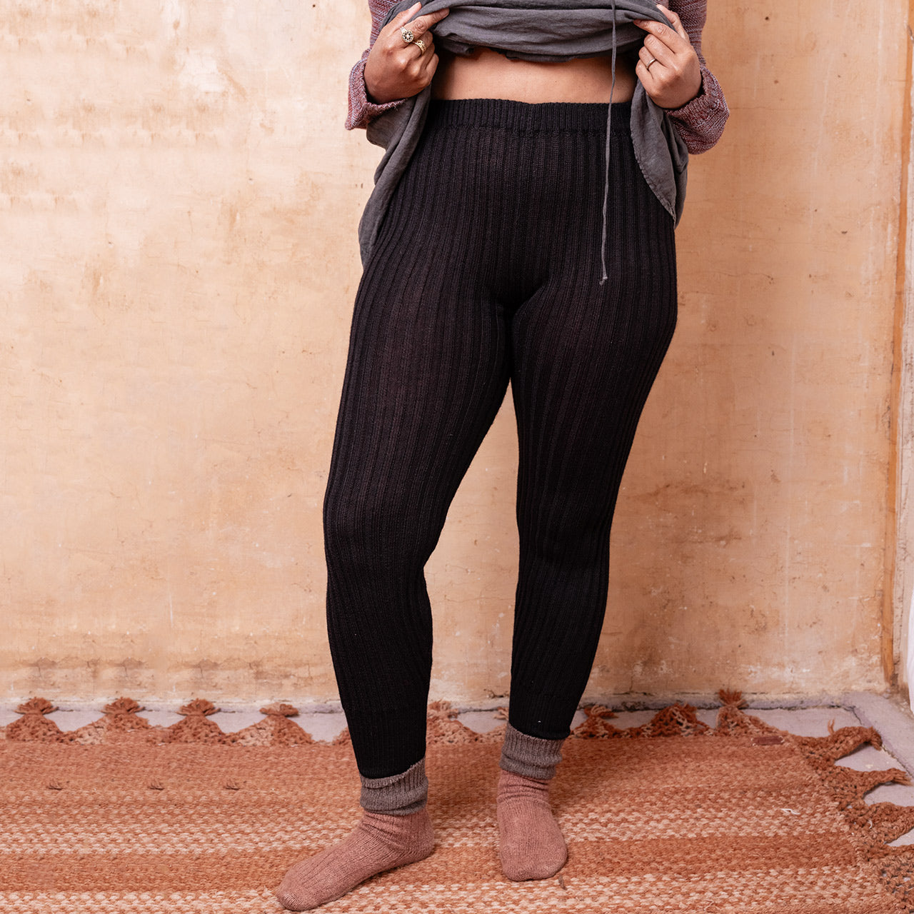 Nikki High Rise Rib Knit Pants - 100% Baby Alpaca - Black