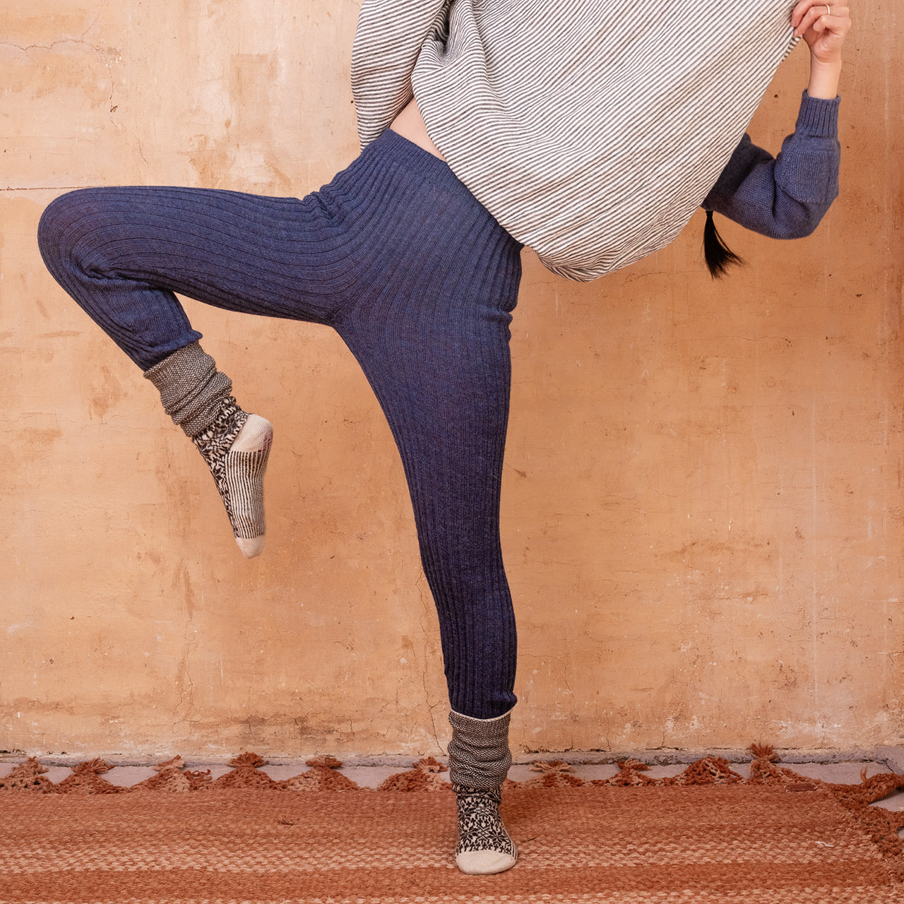 Nikki High Rise Rib Knit Pants - 100% Baby Alpaca - Denim Melange