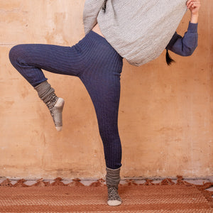 Nikki High Rise Rib Knit Pants - 100% Baby Alpaca - Denim Melange