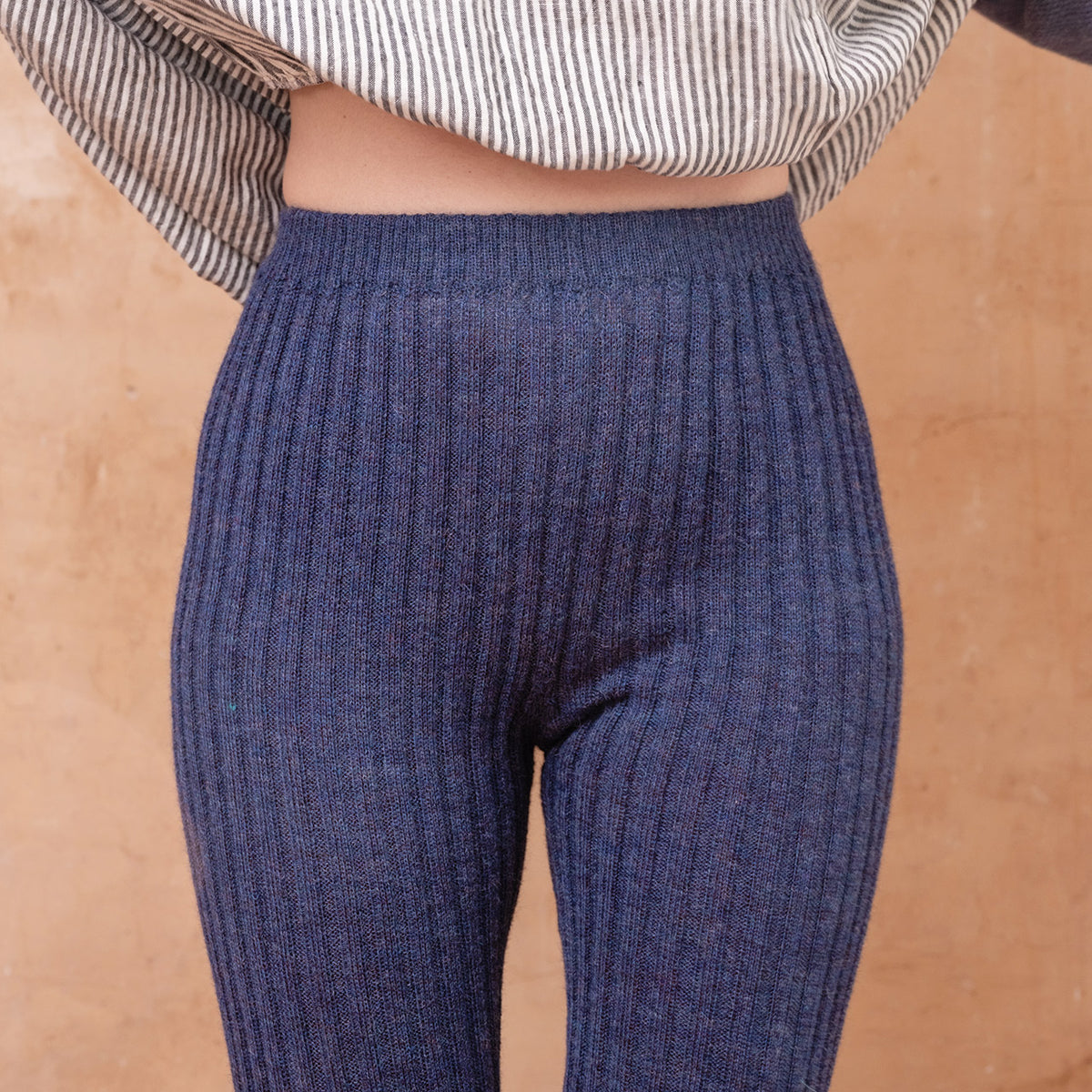 Nikki High Rise Rib Knit Pants - 100% Baby Alpaca - Denim Melange