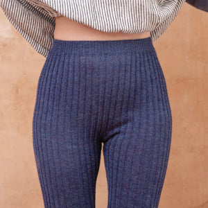 Nikki High Rise Rib Knit Pants - 100% Baby Alpaca - Denim Melange