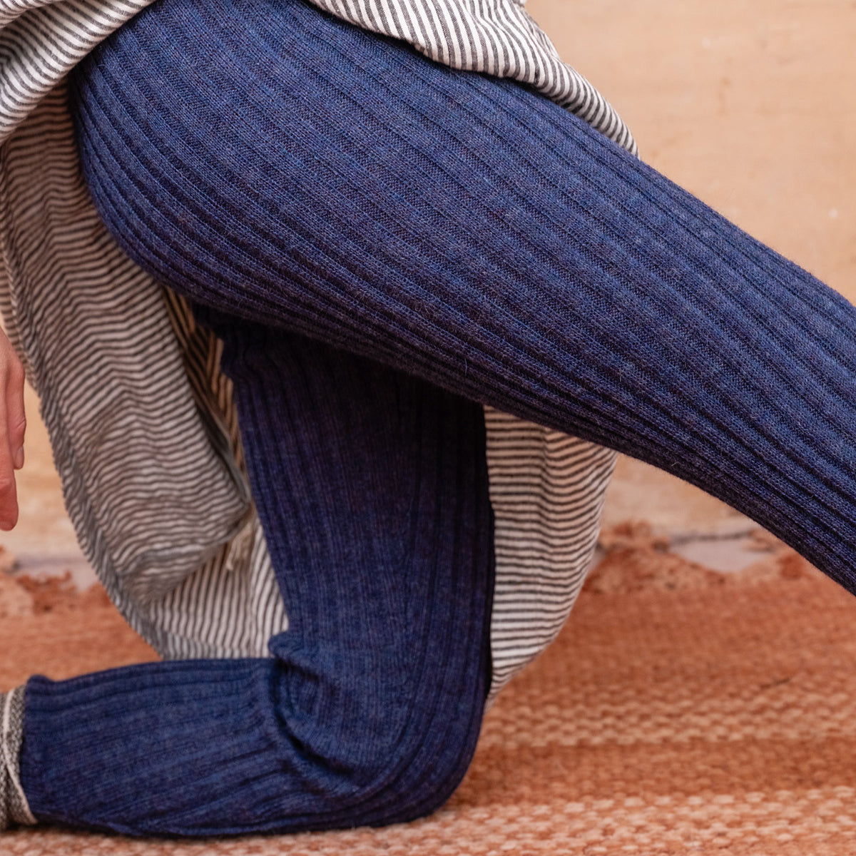 Nikki High Rise Rib Knit Pants - 100% Baby Alpaca - Denim Melange