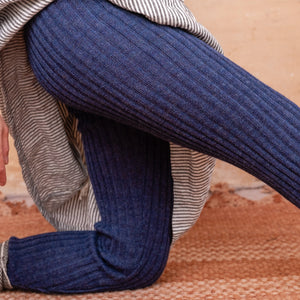 Nikki High Rise Rib Knit Pants - 100% Baby Alpaca - Denim Melange