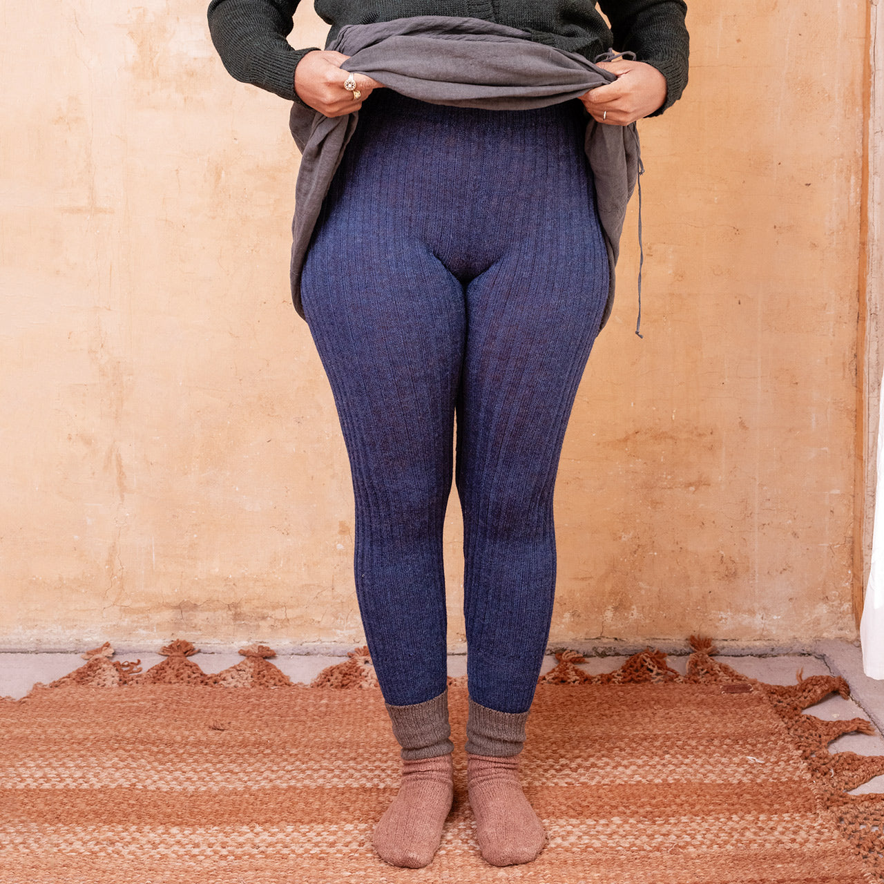 Nikki High Rise Rib Knit Pants - 100% Baby Alpaca - Denim Melange