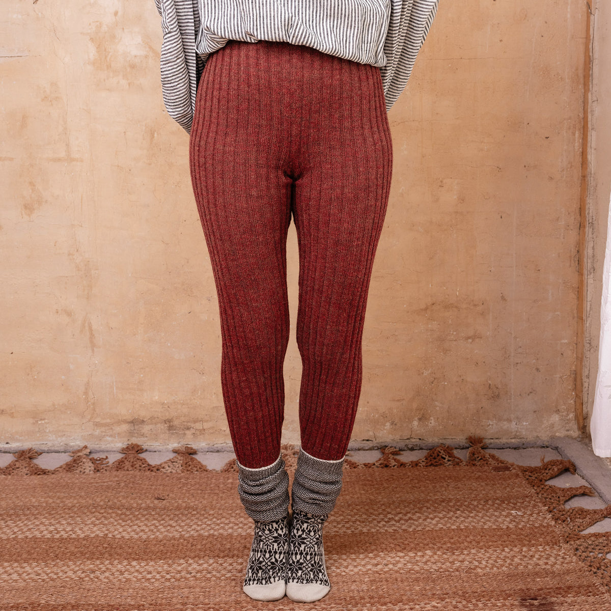 Nikki High Rise Rib Knit Pants - 100% Baby Alpaca - Rust Melange