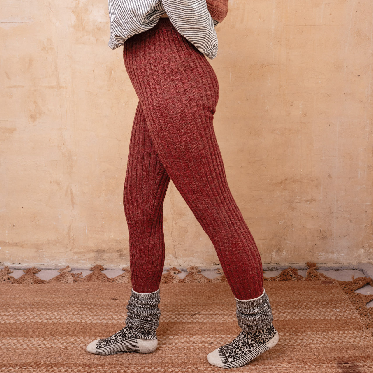 Nikki High Rise Rib Knit Pants - 100% Baby Alpaca - Rust Melange