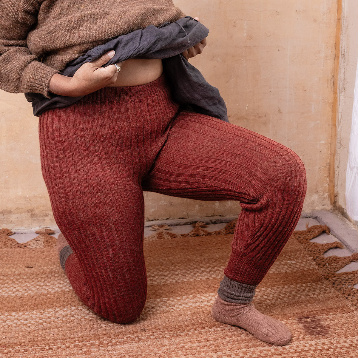 Nikki High Rise Rib Knit Pants - 100% Baby Alpaca - Rust Melange