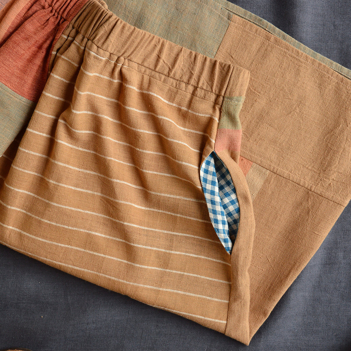 Patchwork Pocket Skirt - 100% Hand Loomed Heirloom Cotton with Plant Dyes (Women S-L)