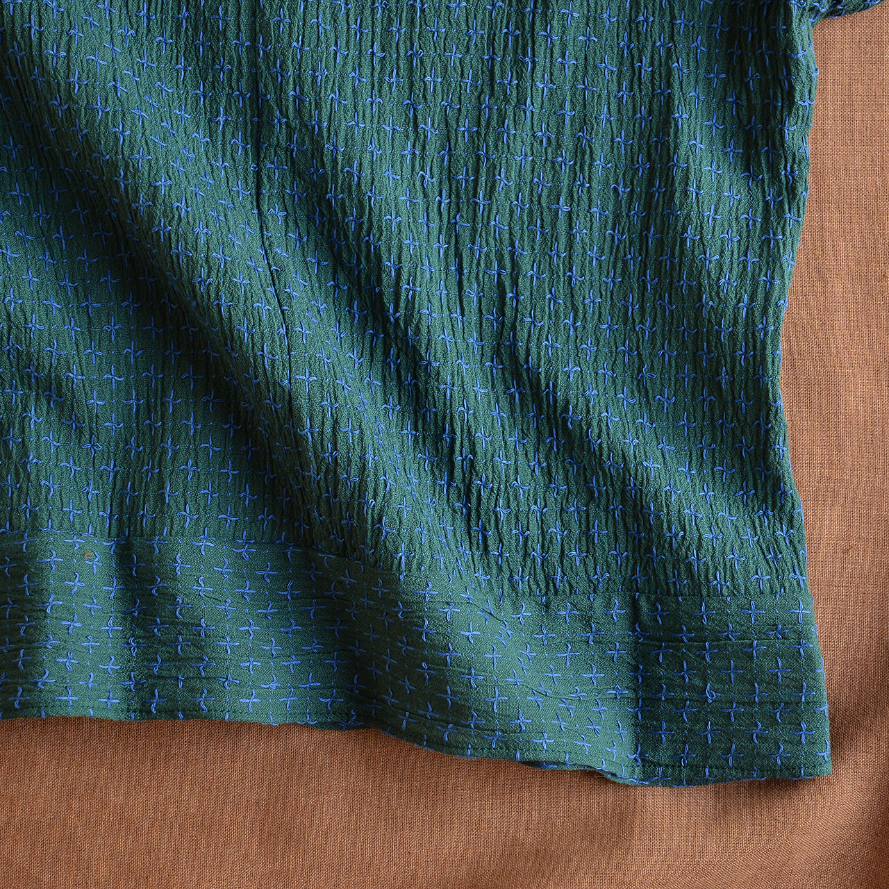 Cross Stitch Pieces Top - 100% Indian Cotton Muslin - Viridian Blue (Women S-L)